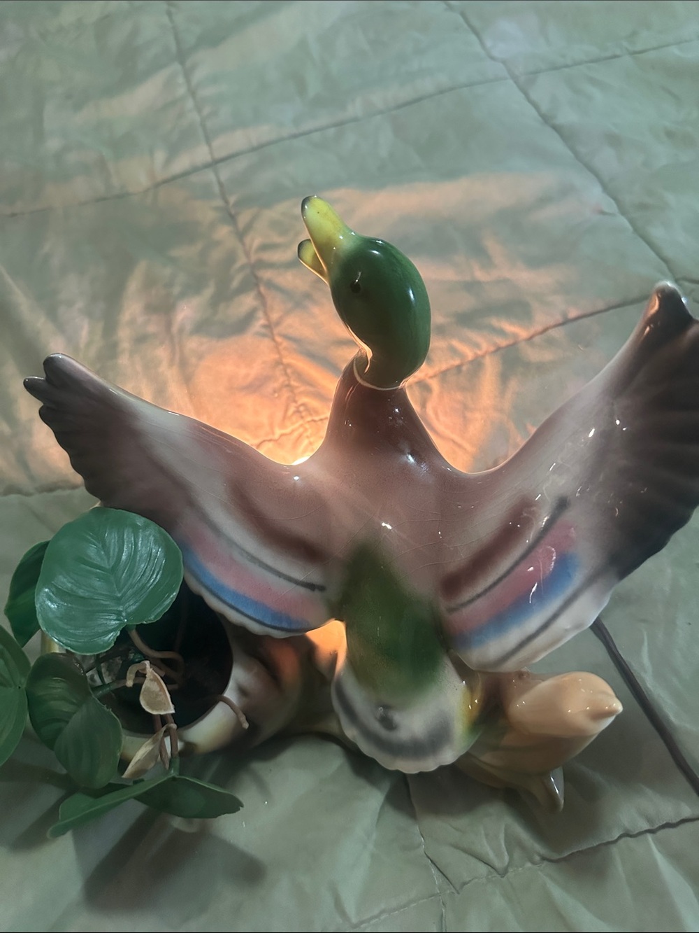 Vintage Green and Brown Ceramic Duck Figurine with Blue and Pink Wing Accents